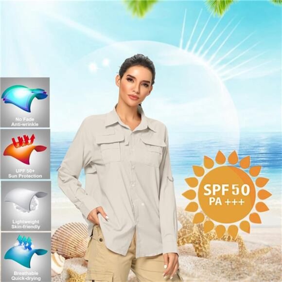 Women's UPF 50+ UV Sun Protection Safari Shirt, Long Sleeve Outdoor Cool Quick - Picture 5 of 7